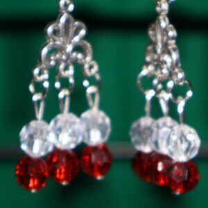 Handmade Clip-On Earrings - BEAUTIFUL Red and White Crystal Beads - COT 43